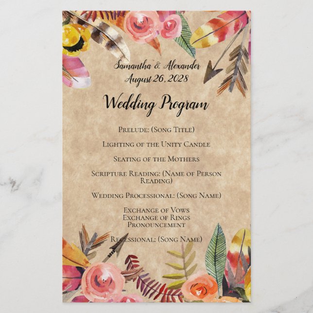 Papier Boho Feathers Flèches Fleurs Mariage rustique (Devant)