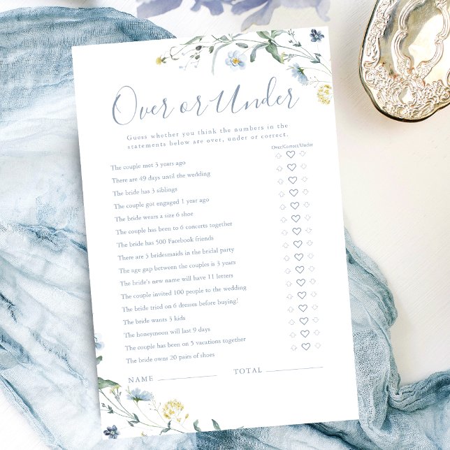 Papier Boho Fleur sauvage Over or Under Brive (Boho Wildflower Over or Under bridal shower game)