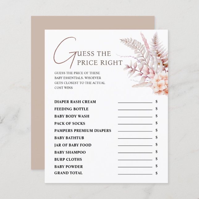 Papier Boho Floral Baby shower Devinez Le Prix Bon Jeu (Devant / Derrière)