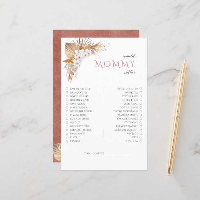 Papier Boho Floral Baby shower Jeu Plutôt Maman (Devant/Arrière en situation)