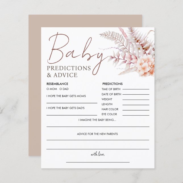 Papier Boho Floral Baby shower Jeu Prédiction & Conseils (Devant / Derrière)