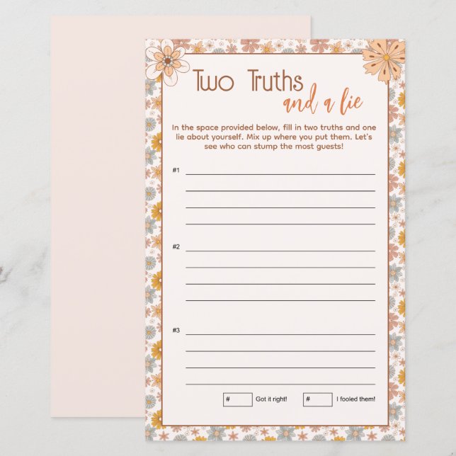 Papier Boho Floral Deux Vérités et un Mensonge Jeu (Devant / Derrière)