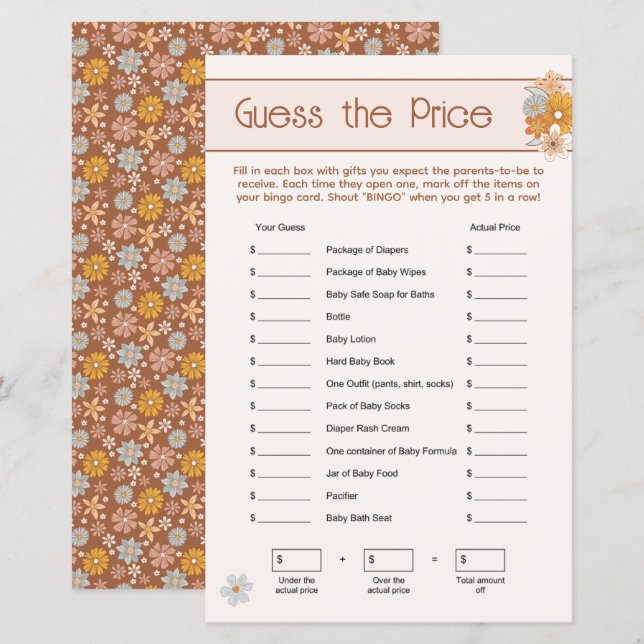 Papier Boho Floral devine le jeu du Baby shower des prix (Devant / Derrière)