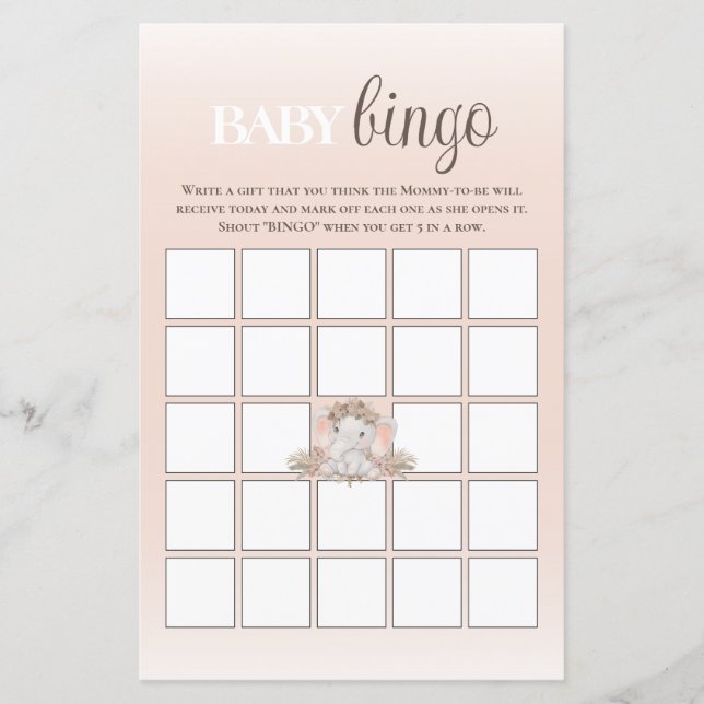Papier Boho Floral Elephant Baby Bingo Baby shower Jeu (Devant)