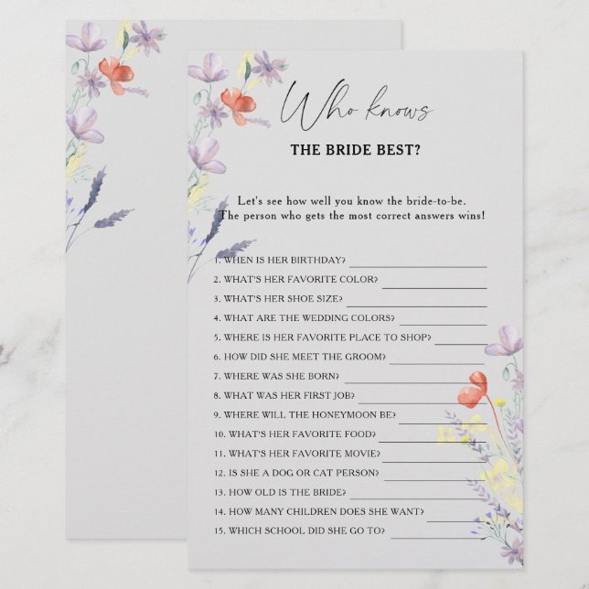 Papier Boho Floral Qui connaît la mariée meilleur jeu (Devant / Derrière)