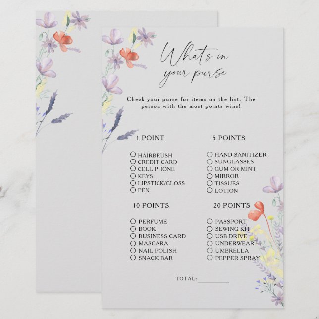 Papier Boho Floral qu'y a-t-il dans votre sac jeu (Devant / Derrière)