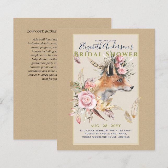 Papier Boho FOX Fête des mariées Plumes de bois Floral (Devant / Derrière)