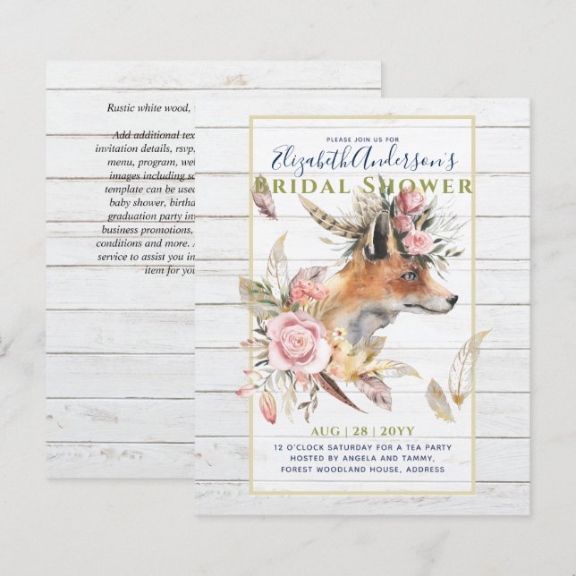 Papier Boho FOX Fête des mariées Plumes de bois Floral (Devant / Derrière)