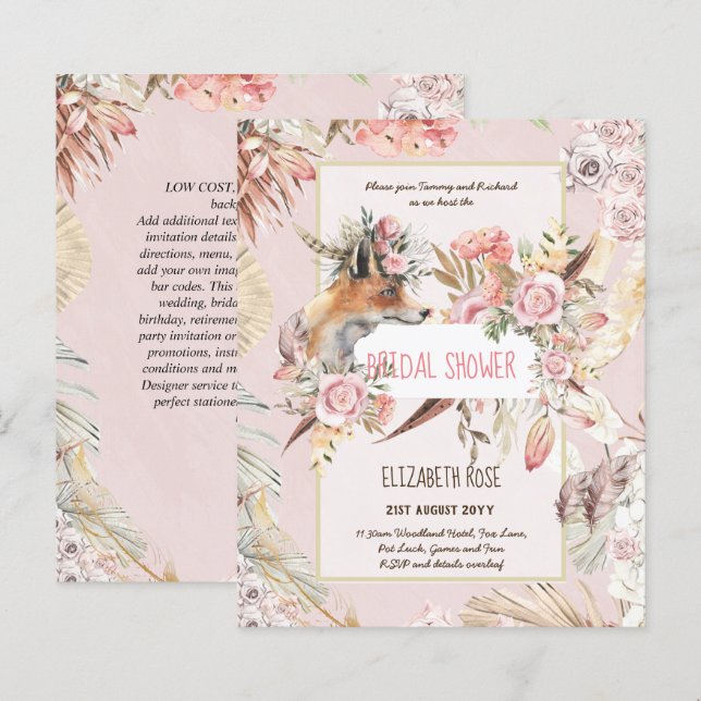Papier Boho FOX Mariage Fête des bois Plumes Floral (Devant / Derrière)