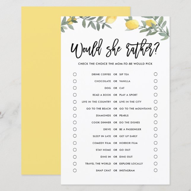 Papier Boho Lemon Voudrait Maman Plutôt Baby shower Jeu (Devant / Derrière)