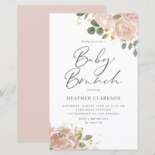Papier Boho Mauve Peach Flowers Baby Brunch Invitation (Devant / Derrière)