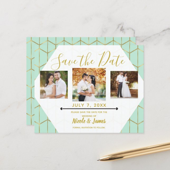 Papier Boho Mint Green Hexagon Gold Date de sauvegarde gé (Devant/Arrière en situation)