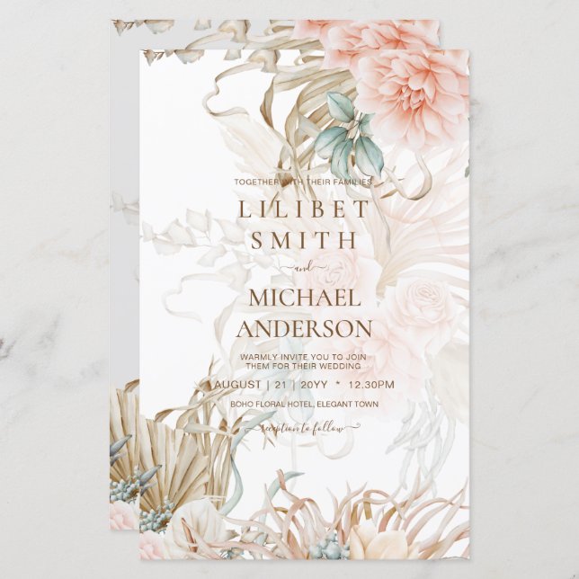 Papier BOHO Pampas Grass Floral Coral Sage Mariage (Devant / Derrière)