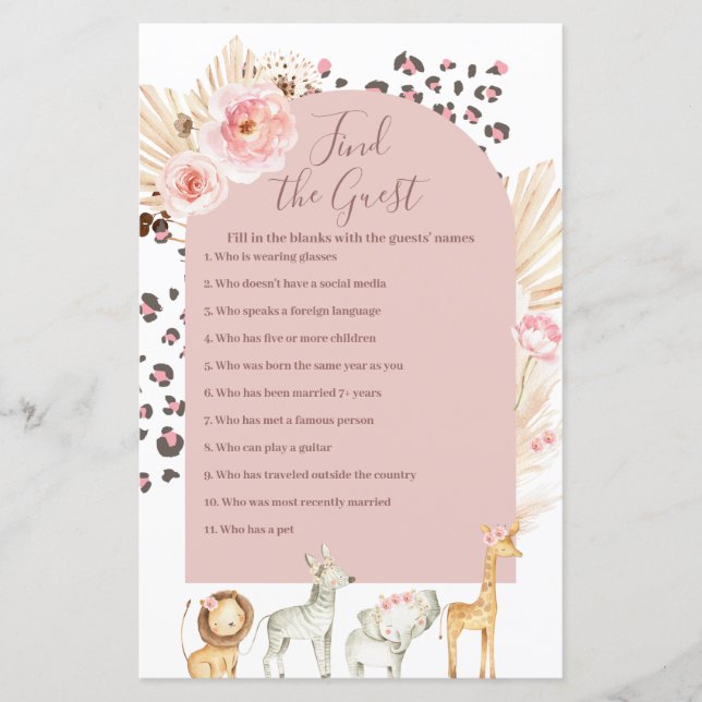 Papier Boho Pampas Herbe Animaux sauvages Trouvez le jeu  (Devant)