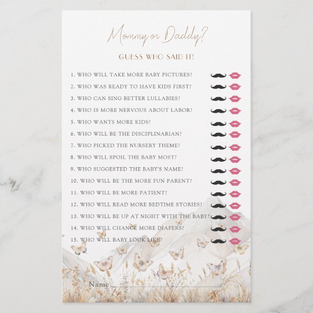 Papier Boho papillon maman ou papa Baby shower jeu (Devant)