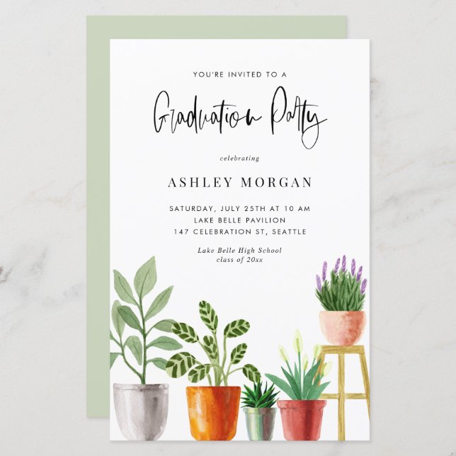 Papier Boho Pot Houseplants Graduation Invitation (Devant / Derrière)