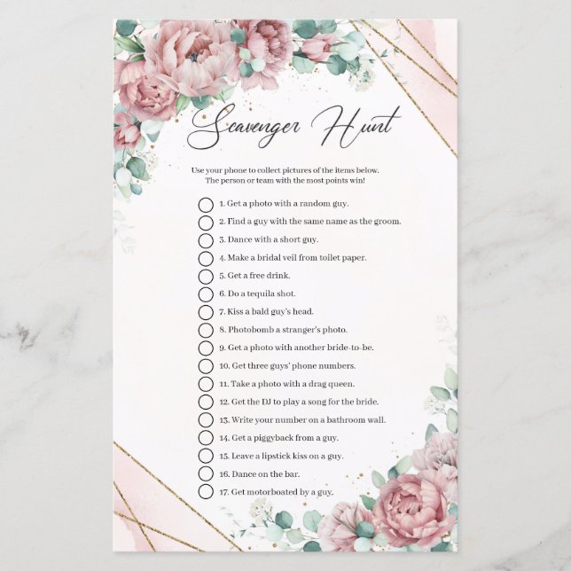 Papier Boho poudre rose roses verdure Scavenger Chasse (Devant)