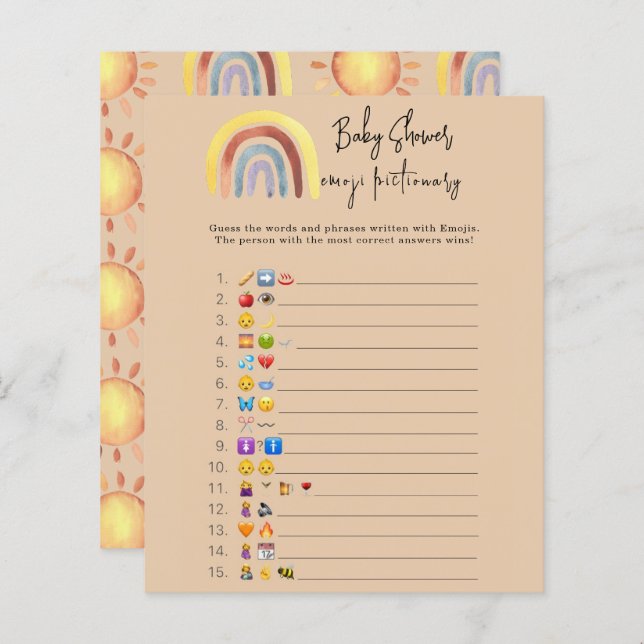 Papier Boho Rainbow Emoji jeu d'images baby shower (Devant / Derrière)