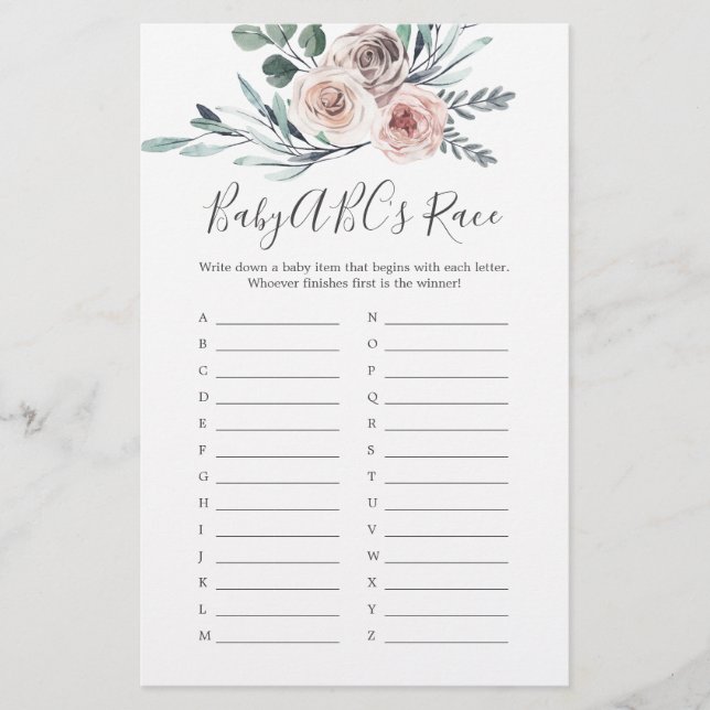 Papier Boho Rose Baby shower Baby ABC's Race Game (Devant)