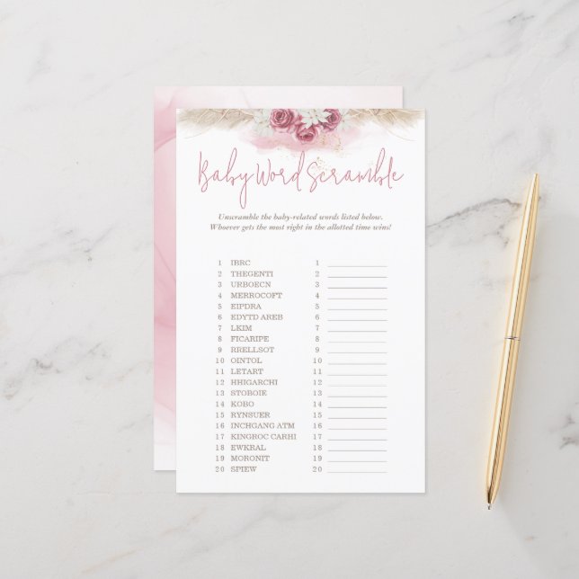 Papier Boho Rose Word Scramble Baby shower Jeu (Devant/Arrière en situation)
