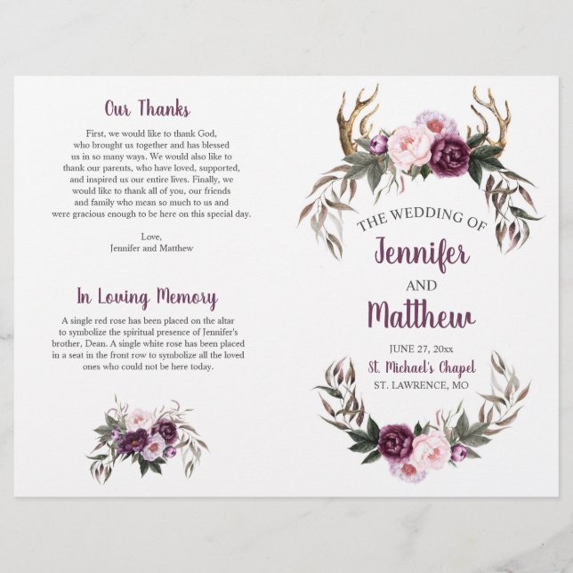 Papier Boho rustique Antlers Plum violet Peonées rose (Devant)