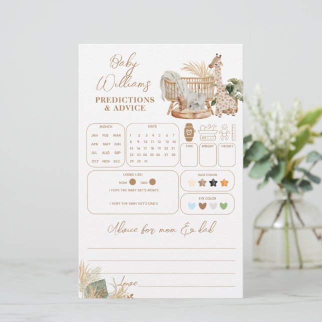 Papier Boho Safari Neutre Baby shower PRÉDICTIONS Jeu (Debout devant)