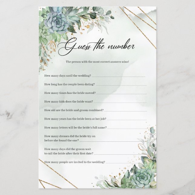 Papier Boho succulent eucalyptus or Guess Le nombre (Devant)