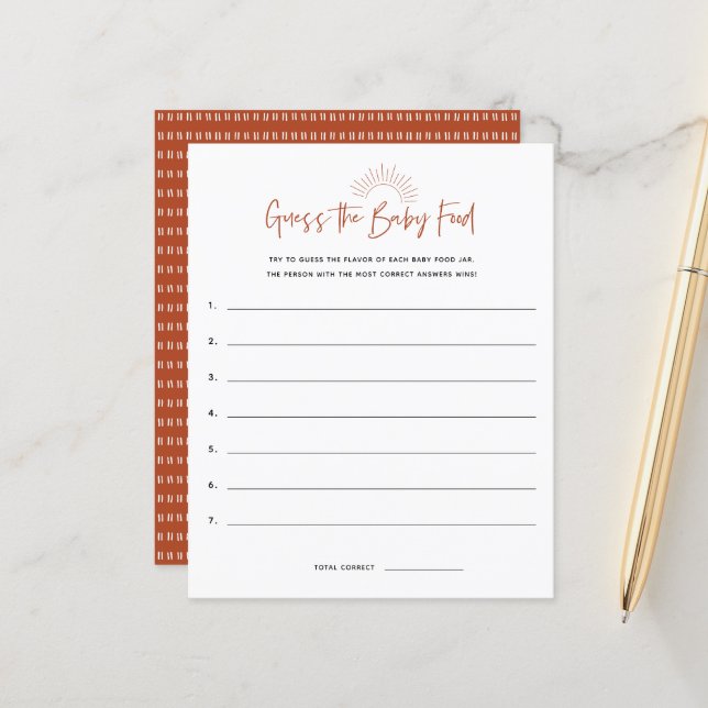 Papier Boho Sunshine Devine Le Jeu Du Baby shower Aliment (Devant/Arrière en situation)