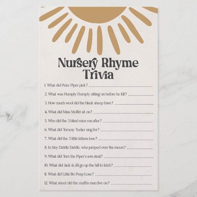 Papier boho sunshine nursery rime trivia douche jeu (Devant)