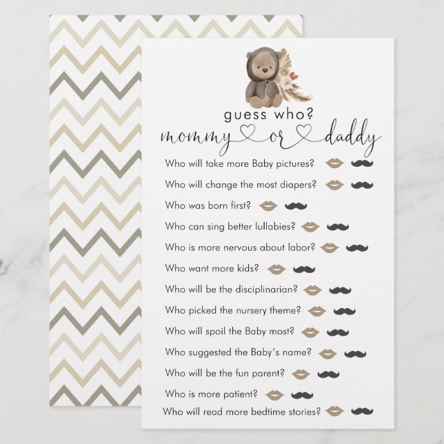 Papier Boho Teddy Bear Baby shower Devinez Qui Joue (Devant / Derrière)