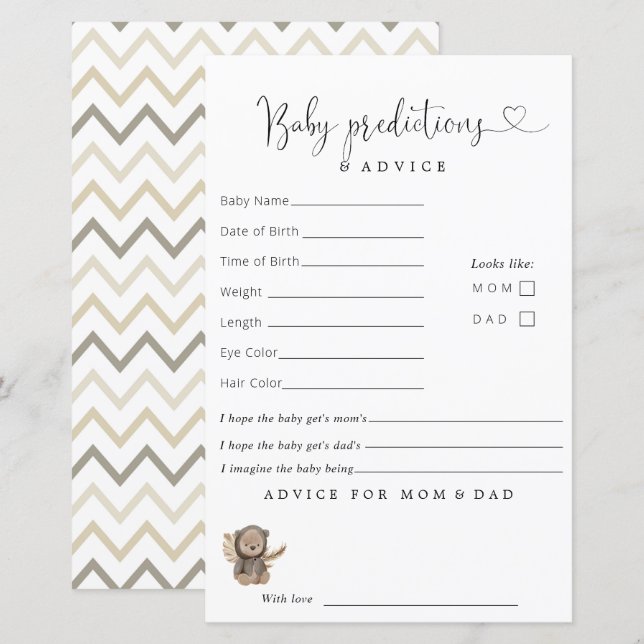Papier Boho Teddy Bear Baby shower Prédictions Conseils (Devant / Derrière)