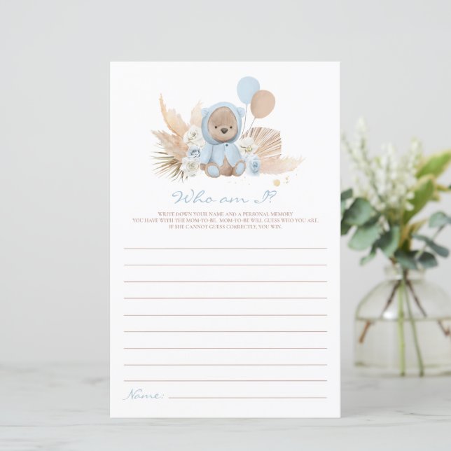 Papier Boho Teddy Bear Qui Suis-Je Baby shower Jeu (Debout devant)