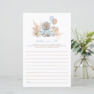 Papier Boho Teddy Bear Qui Suis-Je Baby shower Jeu