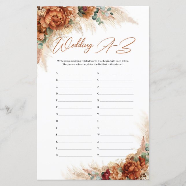 Papier Boho terracotta bordeaux pampas herbe Mariage A-Z (Devant)