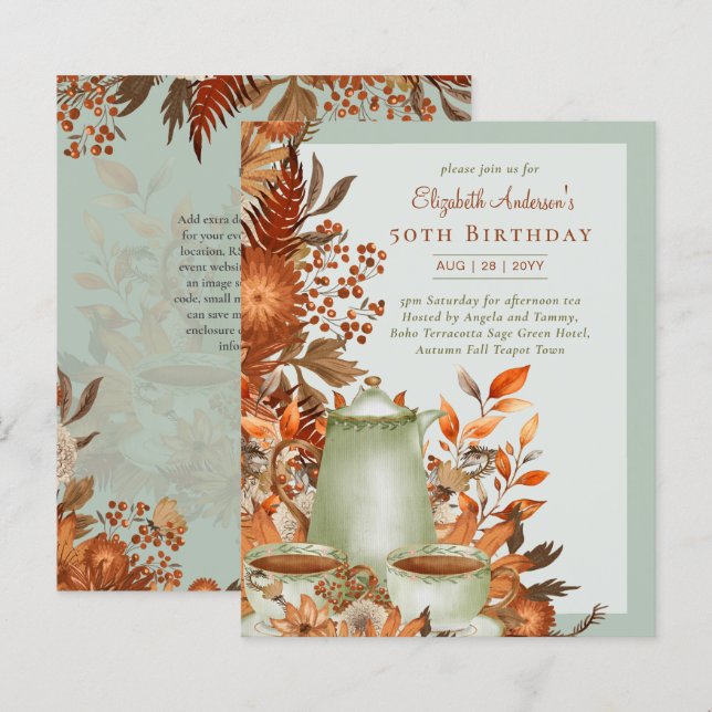 Papier Boho Terracotta Sage Tea Party Floral Anniversaire (Devant / Derrière)