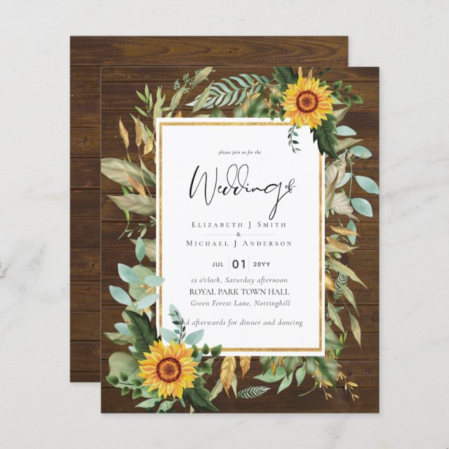 Papier Boho Tournesols verdure Aquarelle BUDGET Mariage (Devant / Derrière)