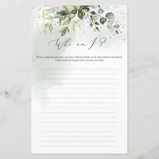 Papier Boho verdure feuillage Qui suis-je jeu de douche n (Devant)
