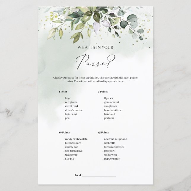 Papier Boho verdure feuillage What's In Your Purse game (Devant)