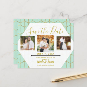 Papier Boho Vert Menthe Hexagone Géométrique Or Save the 