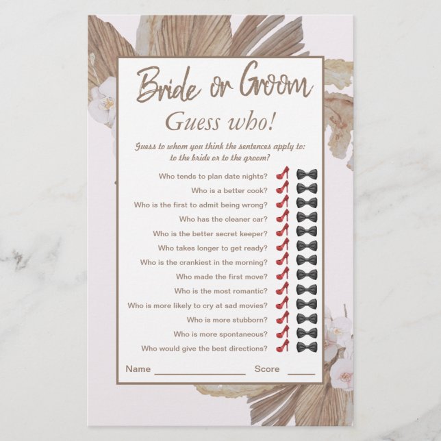 Papier Boho Watercolo Dry Pampas Fête des mariées en herb (Devant)