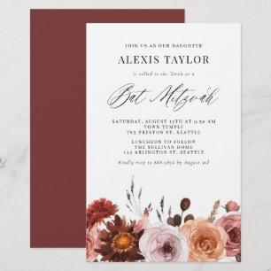 Papier Boho Watercolor Automne Fleur Bat mitzvah Invitati