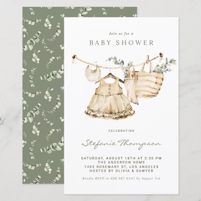 Papier Boho Watercolor Clothesline Girl Baby shower (Devant / Derrière)
