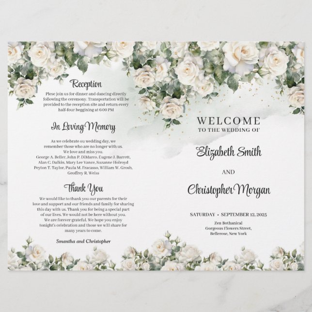 Papier Boho White Roses Verdure et cérémonie d'or (Devant)
