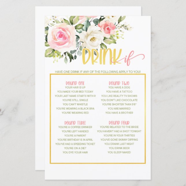 Papier Boire Si Jeu - Rose Floral & Or (Devant / Derrière)