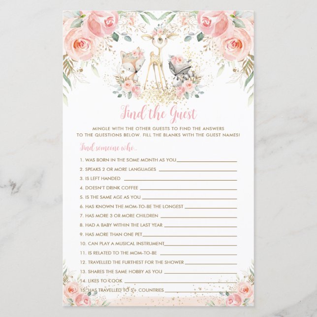 Papier Bois Animal Blush Floral Trouvez le jeu invité (Devant)