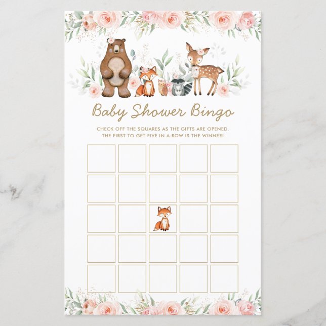 Papier Bois Animaux Baby shower Floral Jeu de Bingo (Devant)