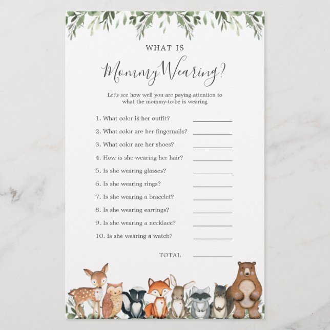 Papier Bois Animaux Baby shower Qu'est-ce que maman porte (Devant)