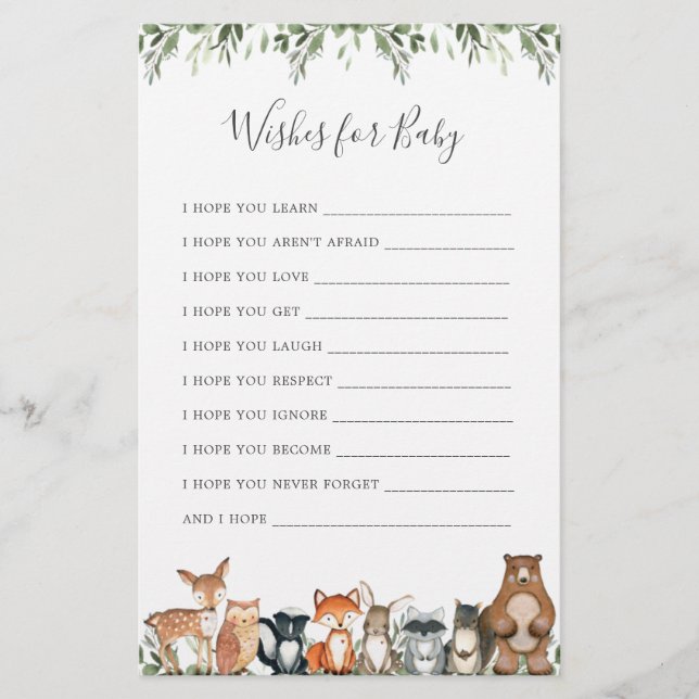 Papier Bois Animaux Baby shower Voeux Pour Bébé (Devant)