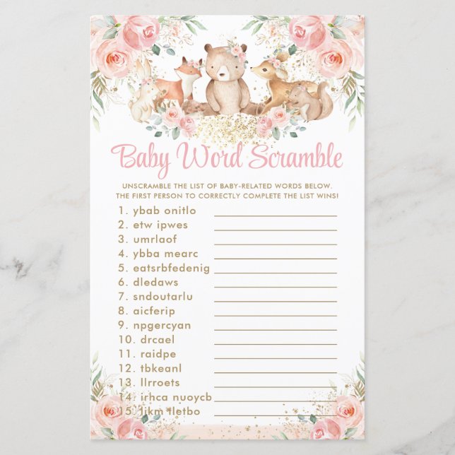 Papier Bois Animaux Blush Floral Baby Word Scramble (Devant)