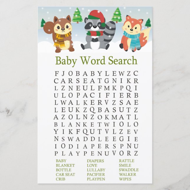 Papier bois d'hiver Baby shower animal Word RechercheJeu (Devant)